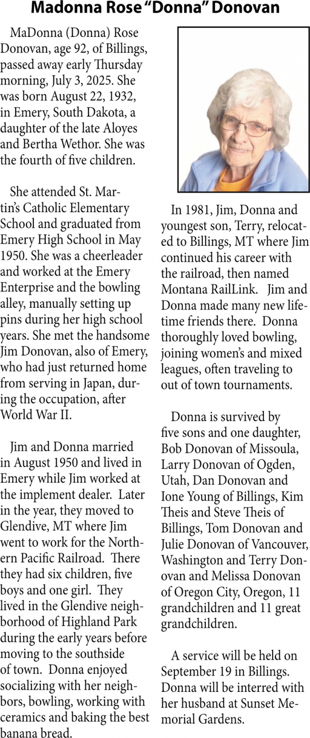 Madonna Rose Donovan, Obituaries, Glendive, MT