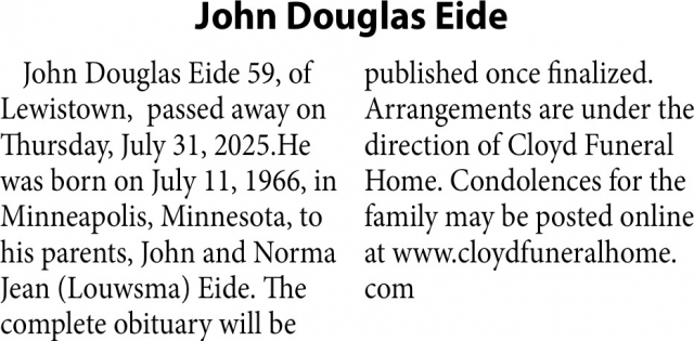 John Douglas Eide, Obituaries, Glendive, MT