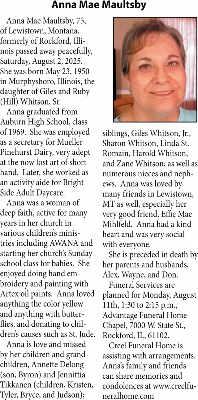Anna Mae Maultsby, Obituaries, Glendive, MT