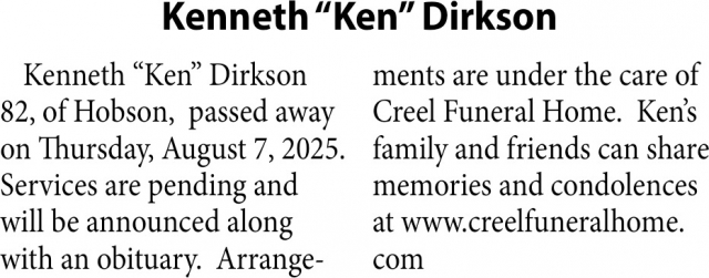 Kenneth Dirkson, Obituaries, Glendive, MT