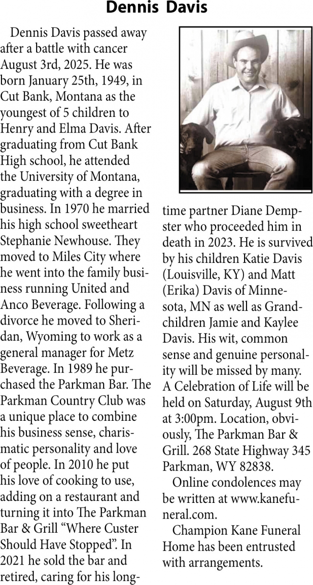 Dennis Davis, Obituaries, Glendive, MT