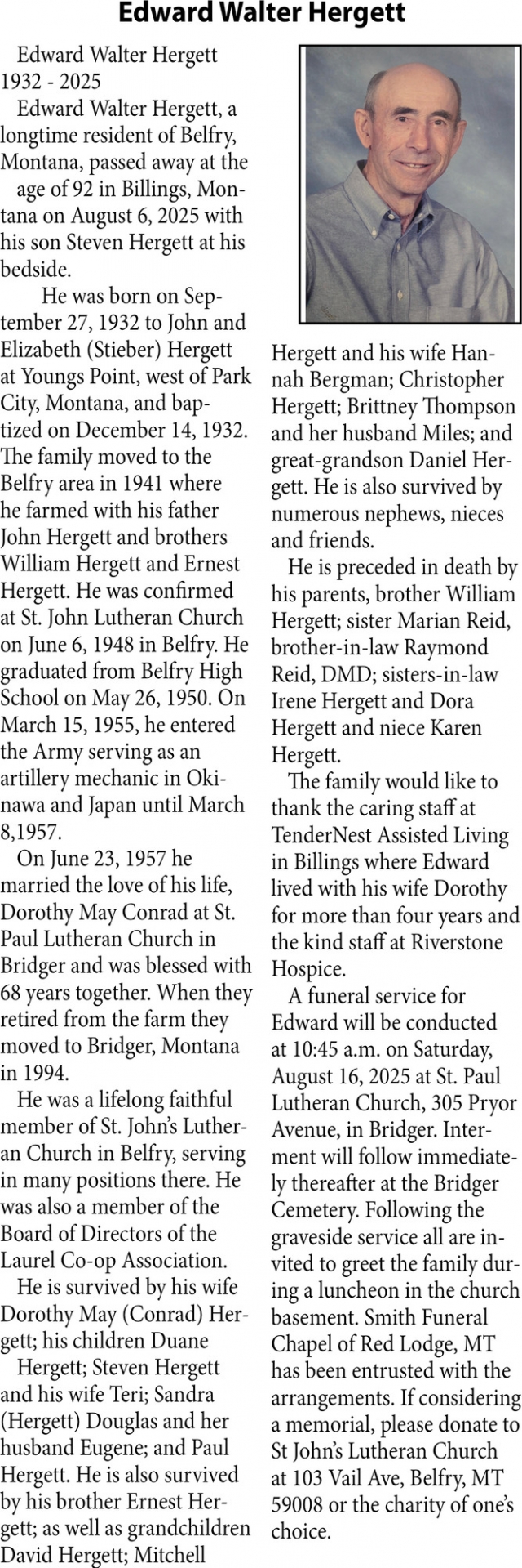 Edward Walter Hergett, Obituaries, Glendive, MT