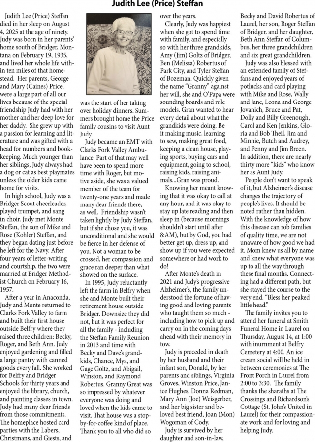 Judith lee Steffan, Obituaries, Glendive, MT