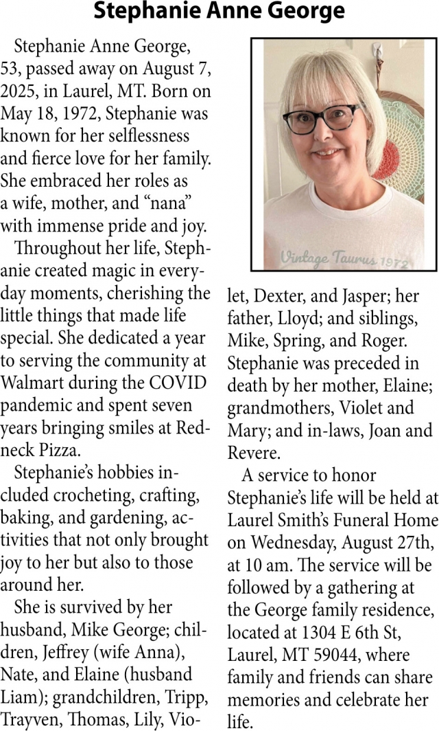 Stephanie Anne George, Obituaries, Glendive, MT