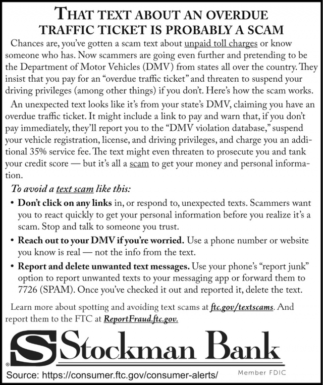 That Text About an Overdue Traffic Ticket Is Probably a Scam, Stockman Bank