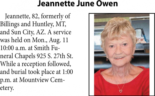 Jeannette June Owen, Obituaries, Glendive, MT