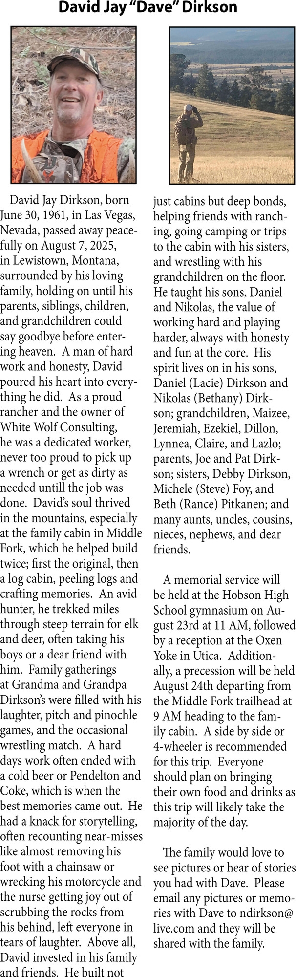 David Dirkson, Obituaries, Glendive, MT