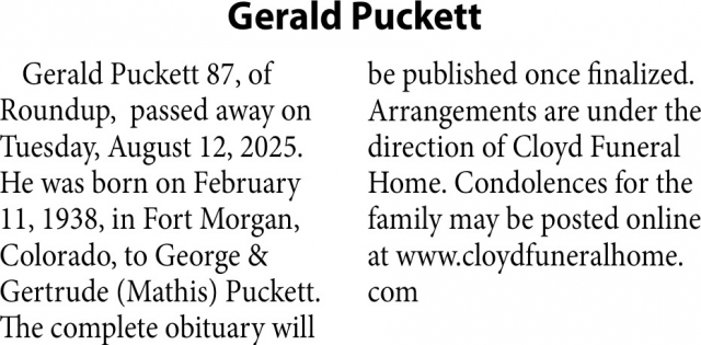Gerald Puckett, Obituaries, Glendive, MT