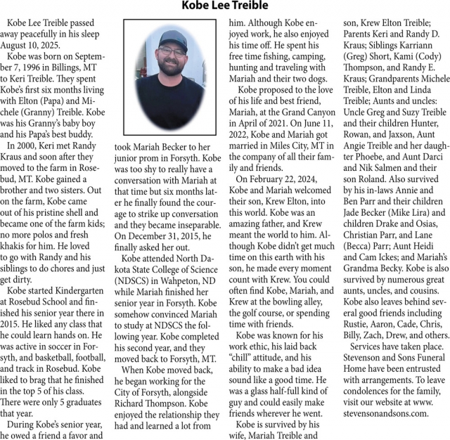 Kobe Lee Treible, Obituaries, Glendive, MT