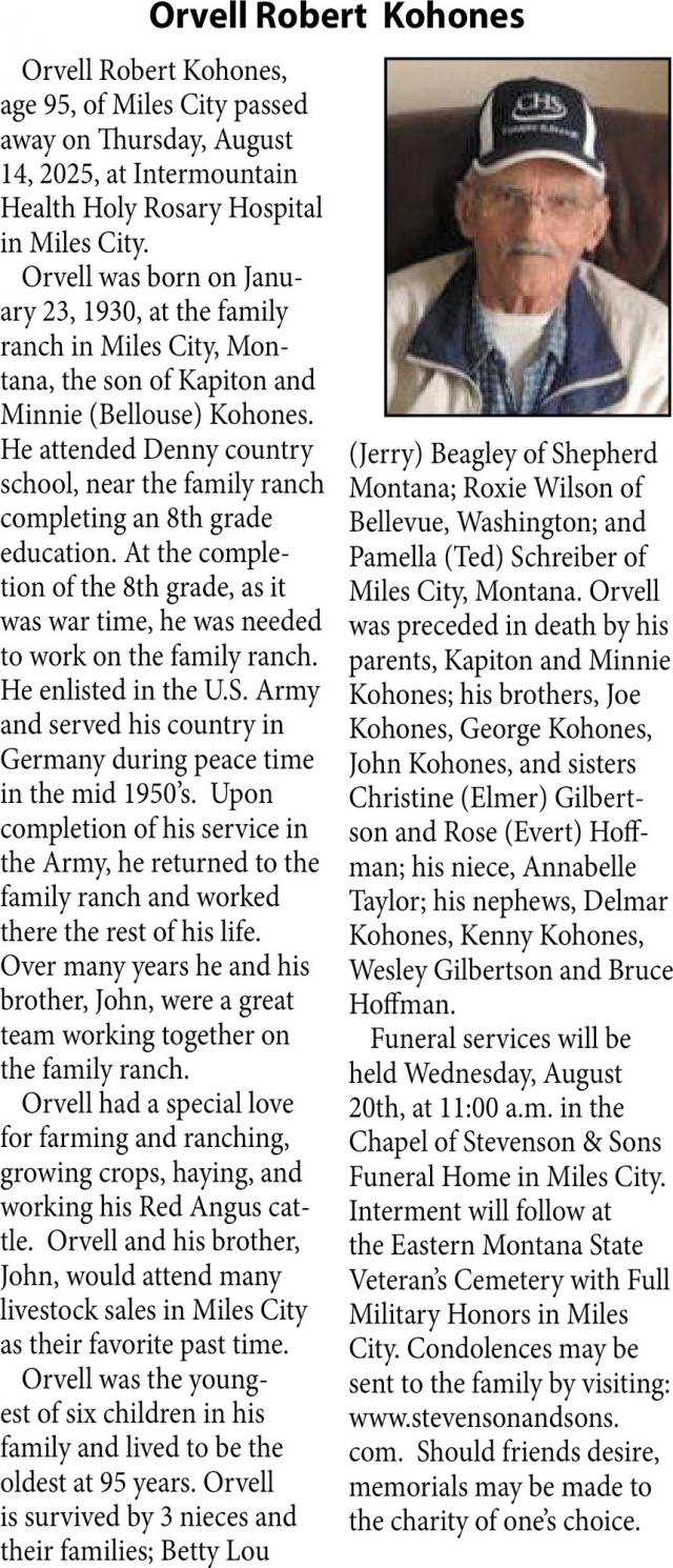 Orvell Robert Kohones, Obituaries, Glendive, MT