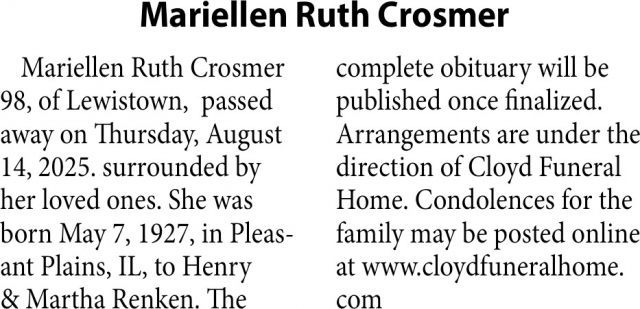 Mariellen Ruth Crosmer, Obituaries, Glendive, MT
