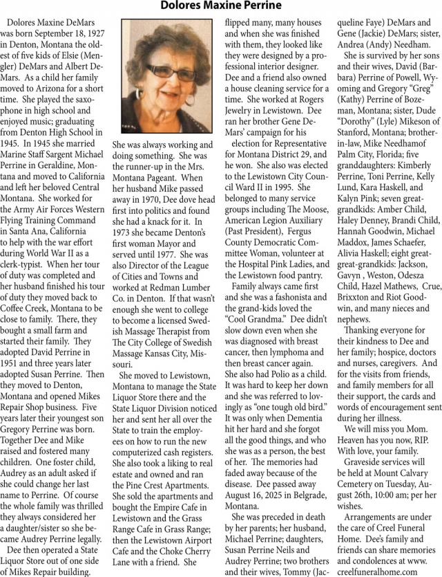 Dolores Maxine Perrine, Obituaries, Glendive, MT