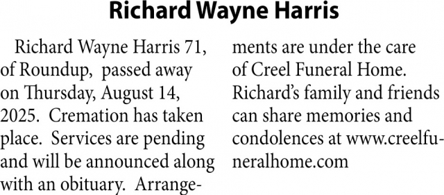 Richard Wayne Harris, Obituaries, Glendive, MT