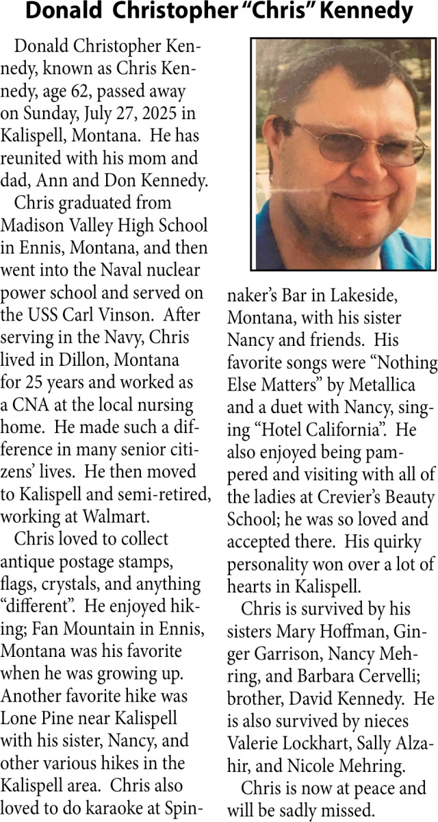 Donald Christopher Kennedy, Obituaries, Glendive, MT