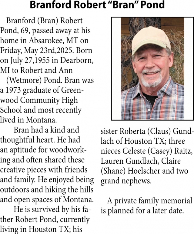 Branford Robert Pond, Obituaries, Glendive, MT