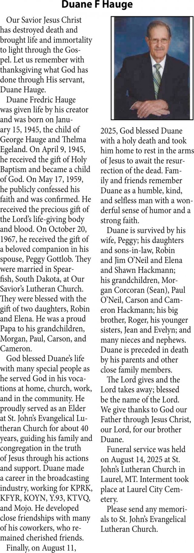 Duane F Hauge, Obituaries, Glendive, MT