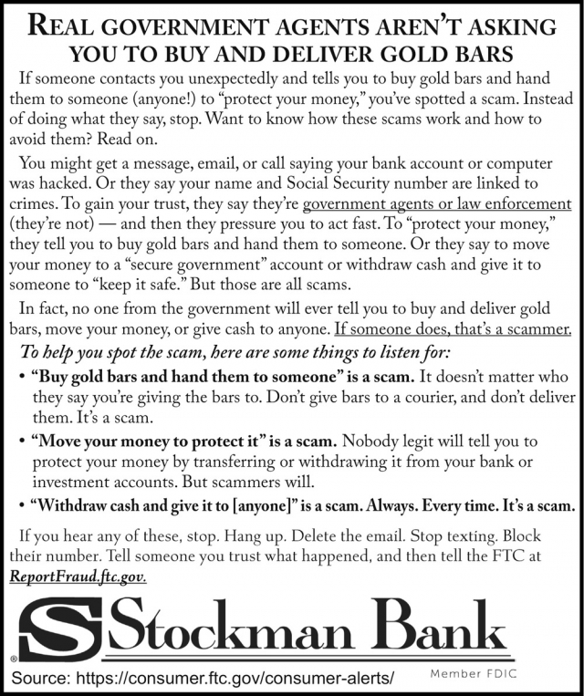 Real Government Agents Aren't Asking You to Buy and Deliver Gold Bars, Stockman Bank