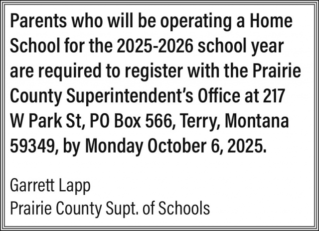 Notice, Prairie County Superintendent's Office, Terry, MT