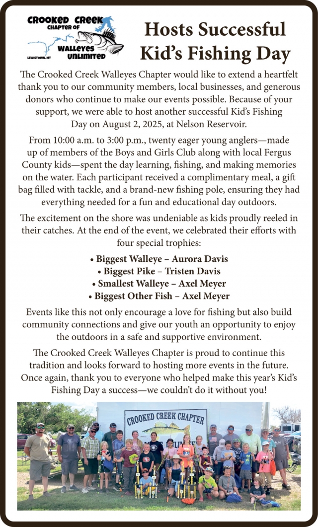 Hosts Successful Kid's Fishing Day, Crooked Creek Chapter of Walleyes Unlimited, Lewistown, MT
