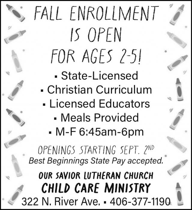 Fall Enrollment Is Open, Our Savior Lutheran Church Glendive, Glendive, MT