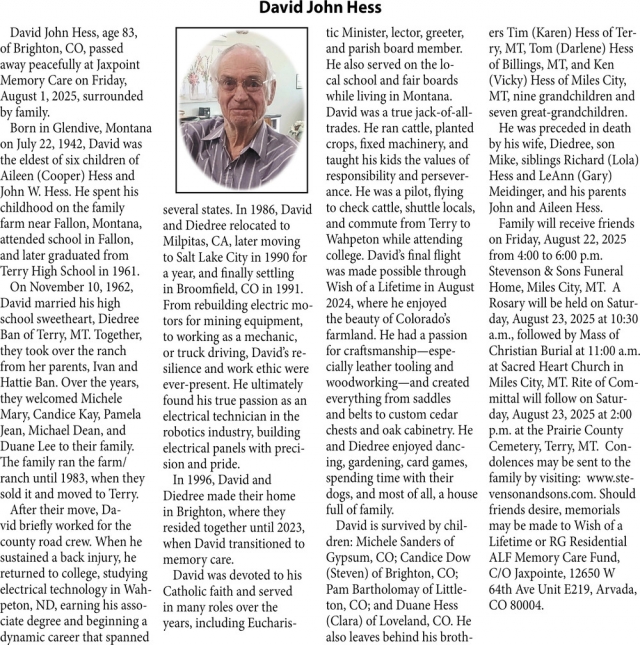 David John Hess, Obituaries, Glendive, MT