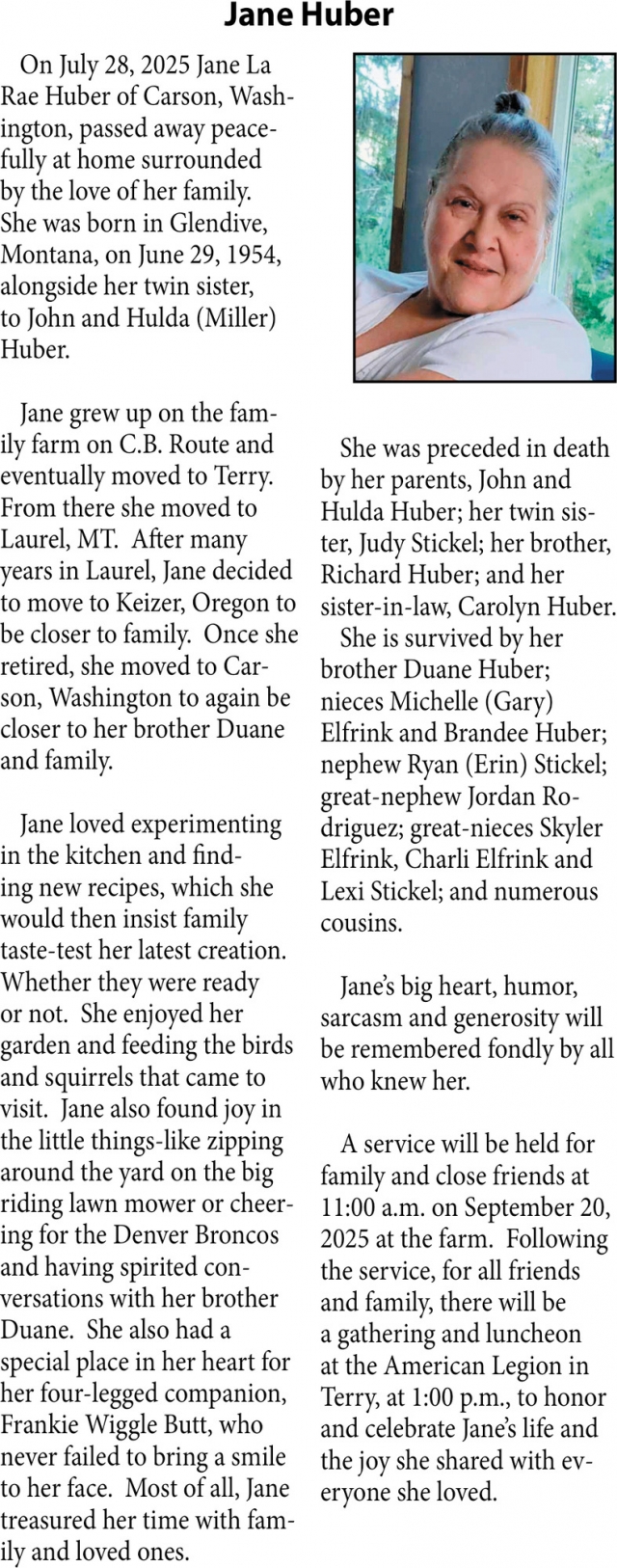 Jane Huber, Obituaries, Glendive, MT