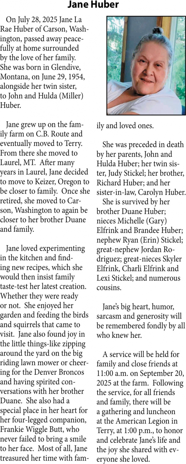 Jane Huber, Obituaries, Glendive, MT