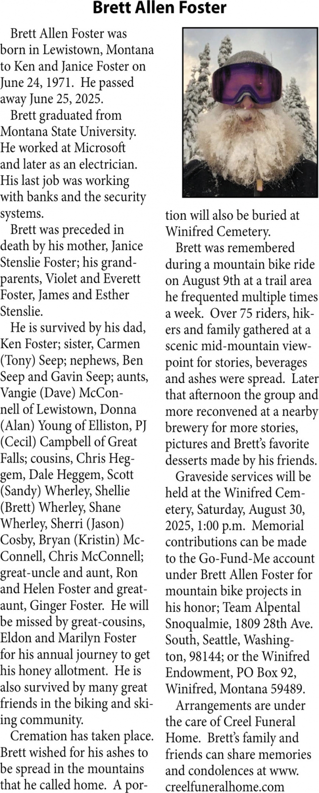 Brett Allen Foster, Obituaries, Glendive, MT