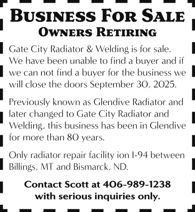 Business for Sale, Gate City Radiator & Welding, Glendive, MT