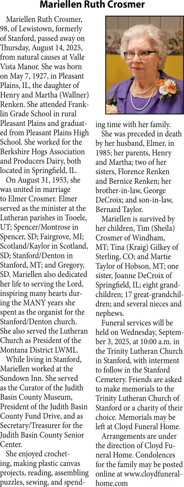 Mariellen Ruth Crosmer, Obituaries, Glendive, MT
