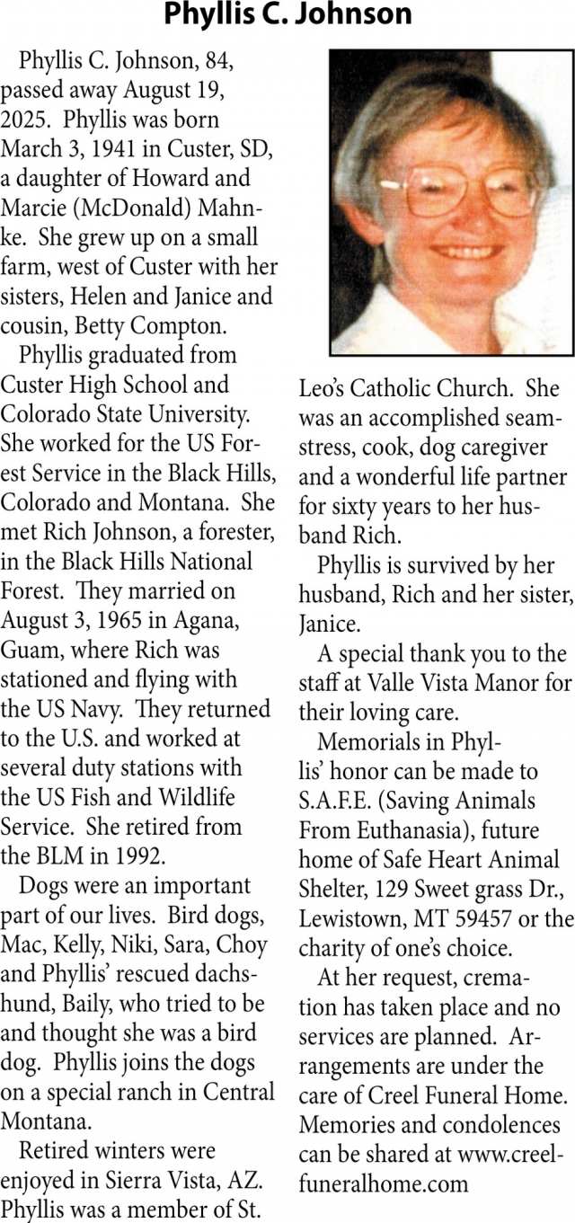 Phyllis C. Johnson, Obituaries, Glendive, MT