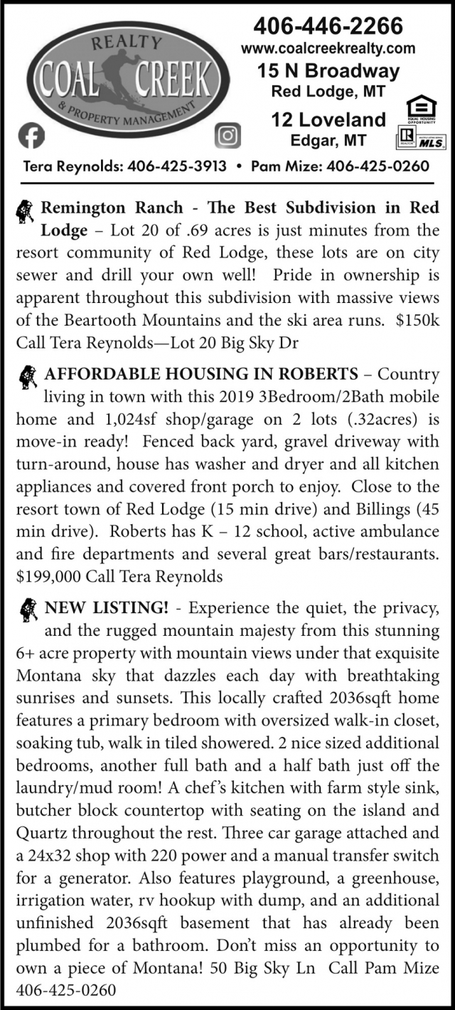 Remington Ranch, Coal Creek Realty & Property Management, Edgar, MT