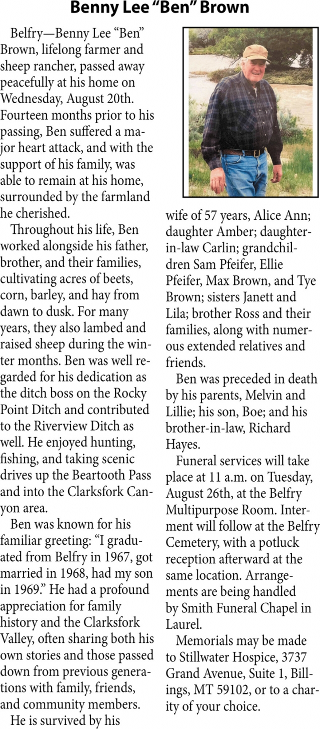 Benny Lee Brown, Obituaries, Glendive, MT
