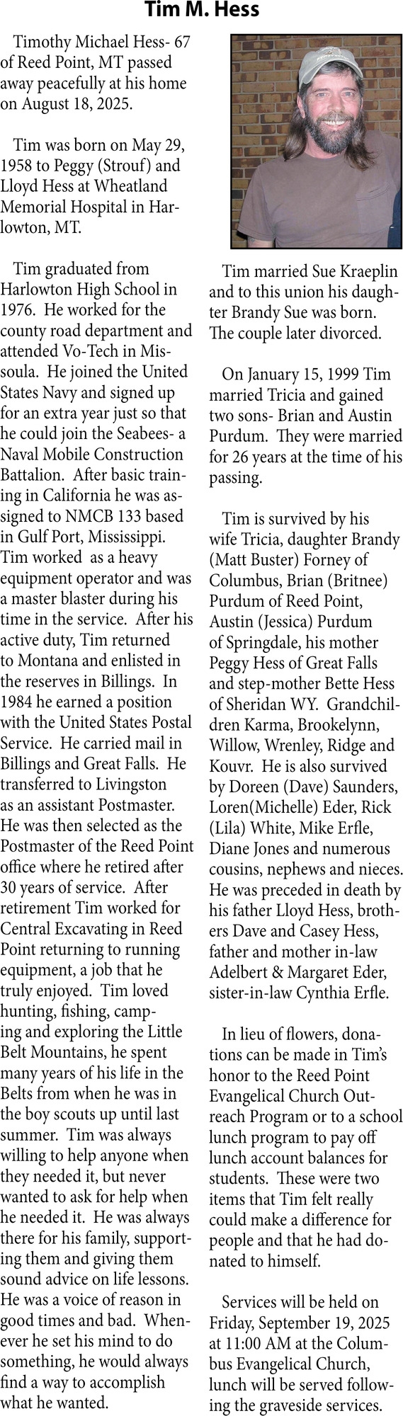 Tim M. Hess, Obituaries, Glendive, MT