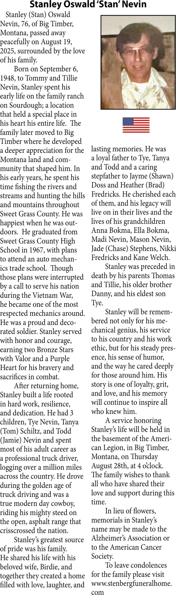 Stanley Oswald Nevin, Obituaries, Glendive, MT