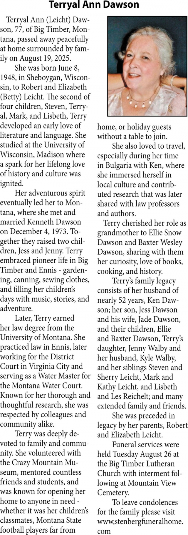 Terryal Ann Dawson, Obituaries, Glendive, MT
