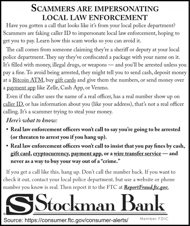 Scammers Are Impersonating Local Law Enforcement, Stockman Bank