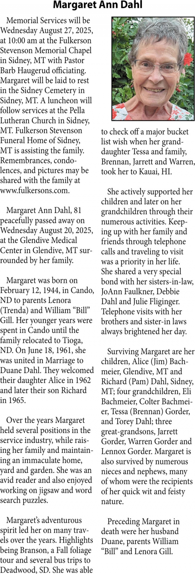Margaret Ann Dahl, Obituaries, Glendive, MT