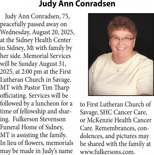 Judy Ann Conradsen, Obituaries, Glendive, MT
