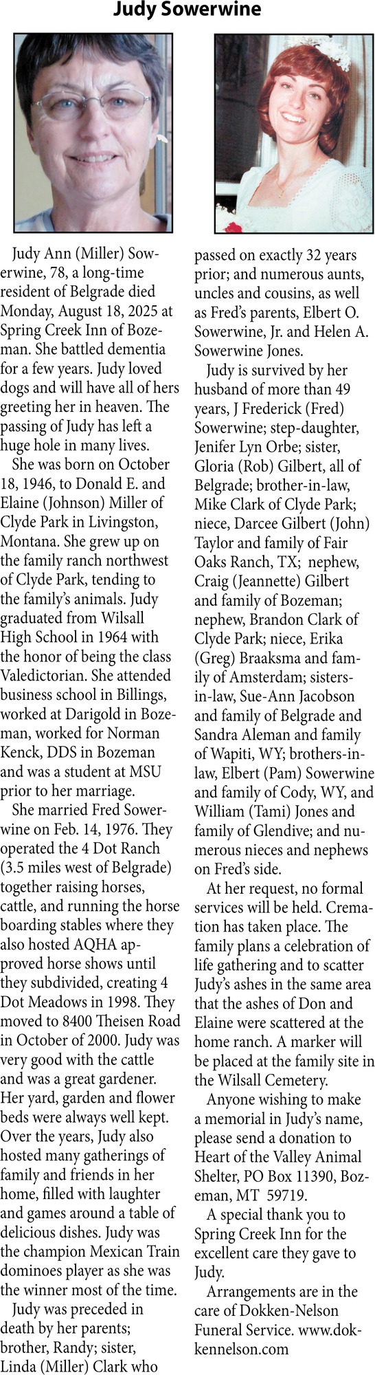 Judy Sowerwine, Obituaries, Glendive, MT