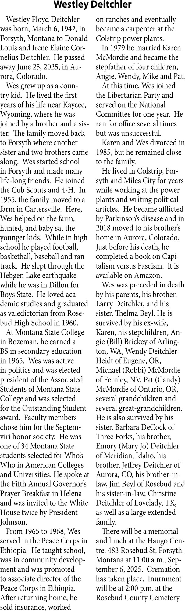 Westley Deitchler, Obituaries, Glendive, MT
