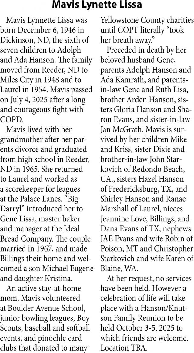 Mavis Lynette Lissa, Obituaries, Glendive, MT