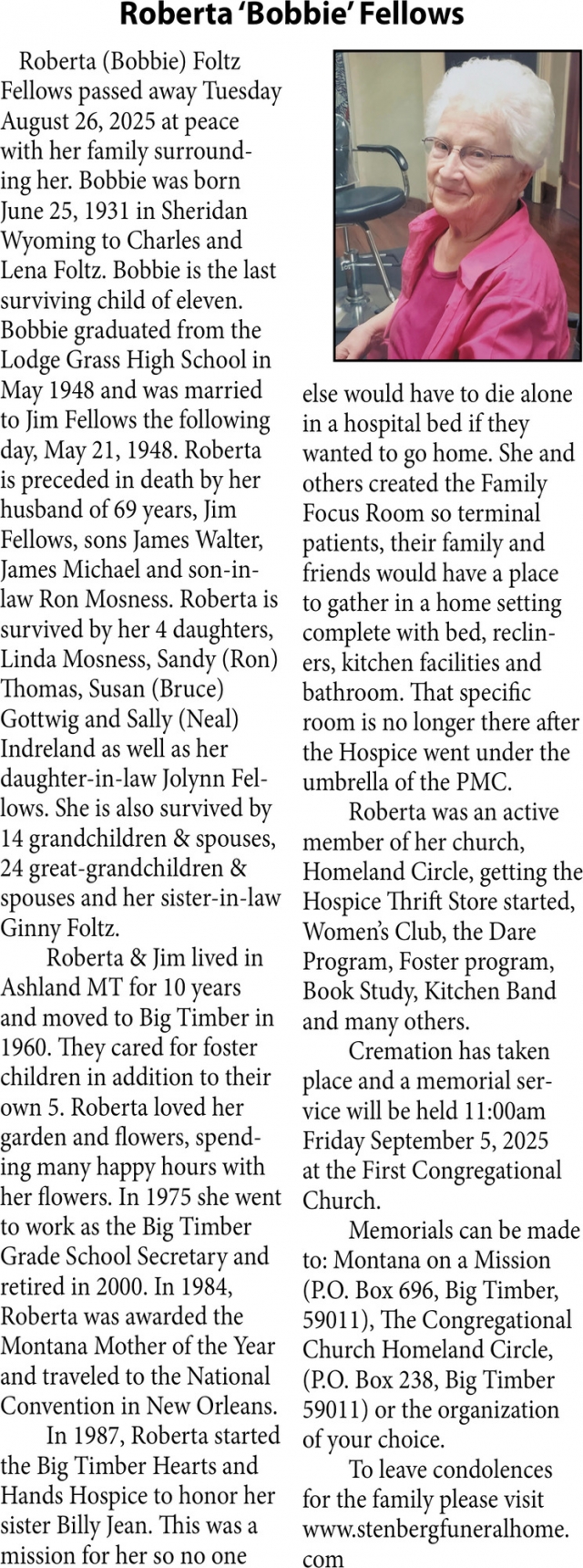 Roberta 'Bobbie' Fellows, Obituaries, Glendive, MT