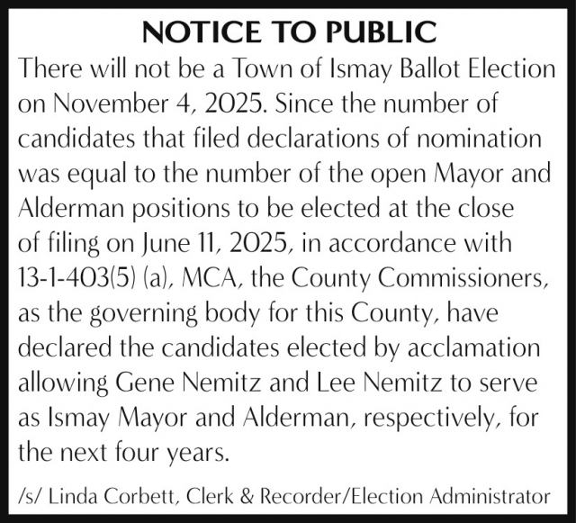 Notice to Public, Town of Ismay