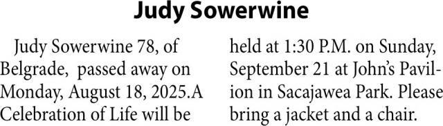 Judy Sowerwine, Obituaries, Glendive, MT
