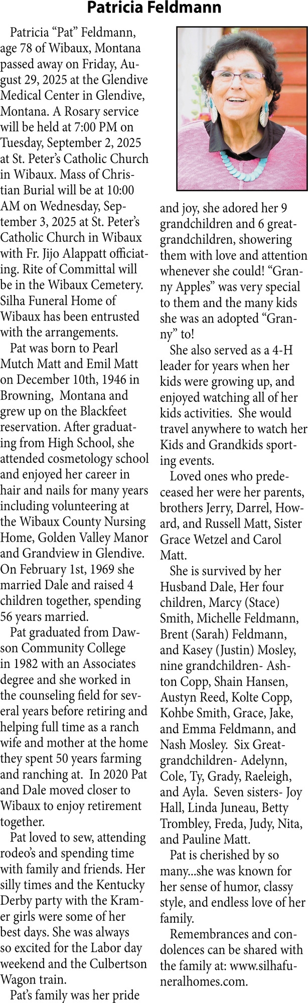 Patricia Feldmann, Obituaries, Glendive, MT