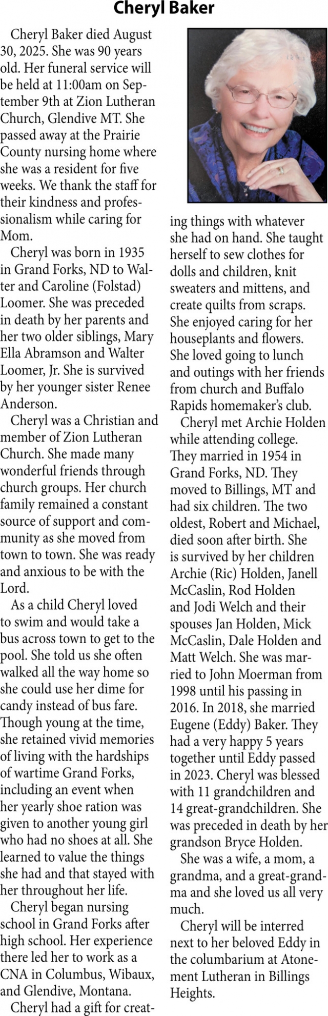 Cheryl Baker, Obituaries, Glendive, MT