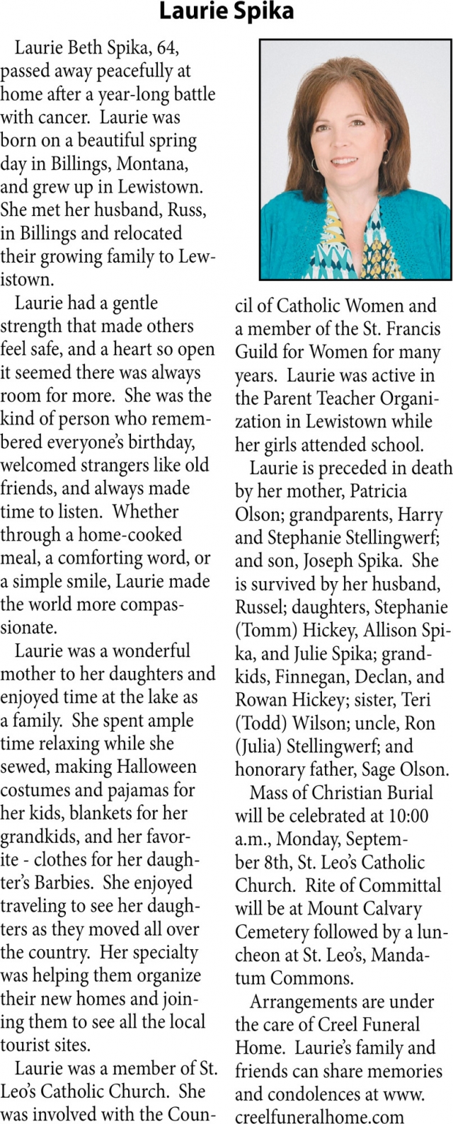 Laurie Spika, Obituaries, Glendive, MT