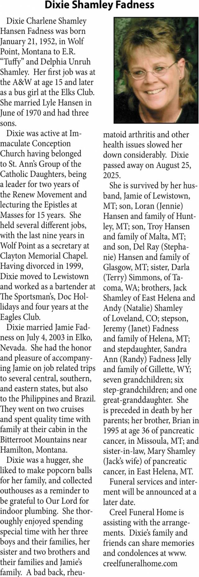 Dixie Shamley Fadness, Obituaries, Glendive, MT