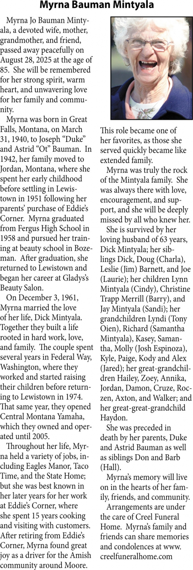 Myrna Bauman Mintyala, Obituaries, Glendive, MT